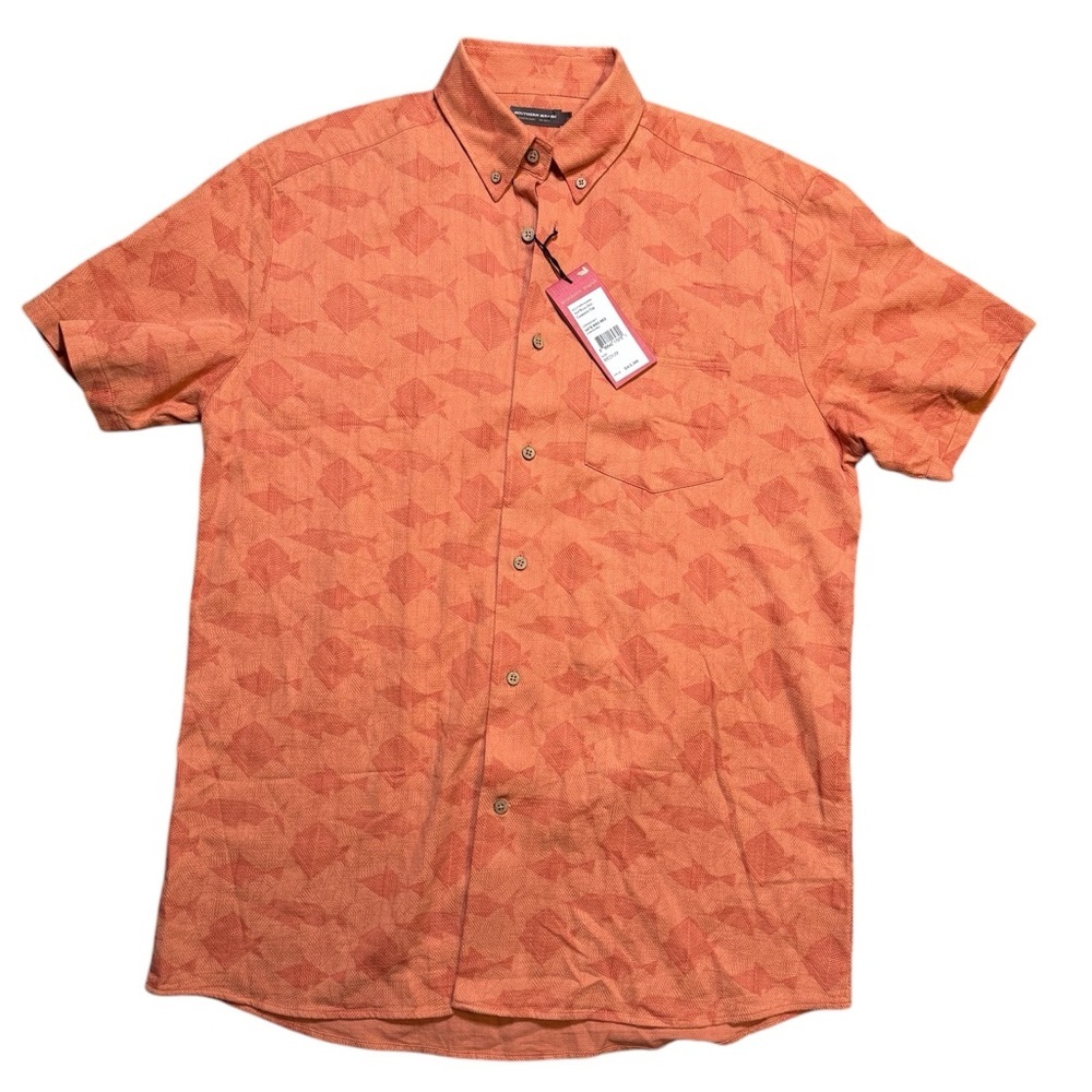 🐟 Southern Marsh Atoll Woven Geometric Fish Shirt NWT M 🐟‎